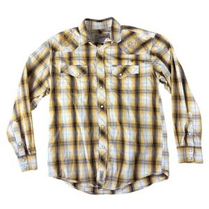 Rafter C Cowboy Collection Men's Shirt Size L Yellow Plaid Pearl‎ Snap